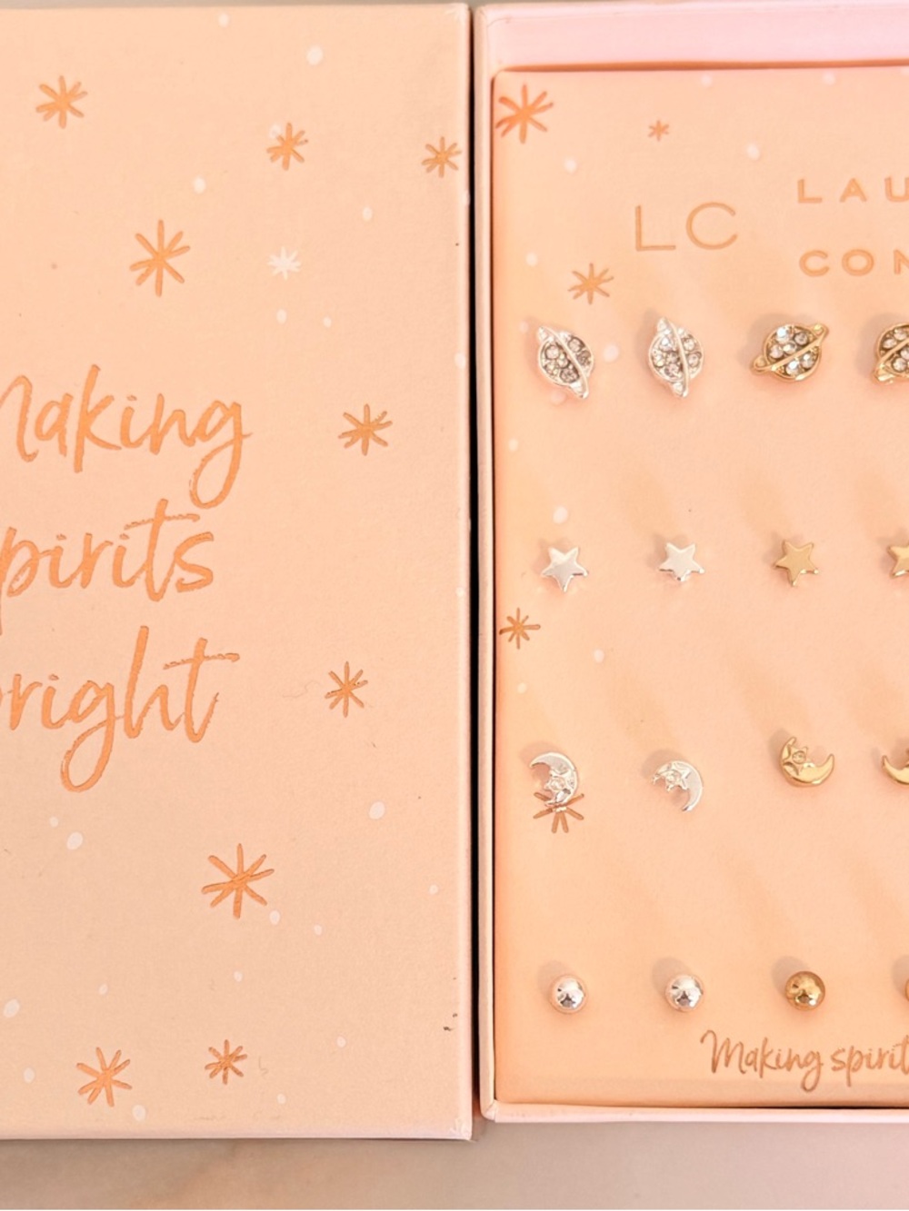 Gold & Silver Moon, Star and Leaf Stud Earring Set -Twelve pairs of studs